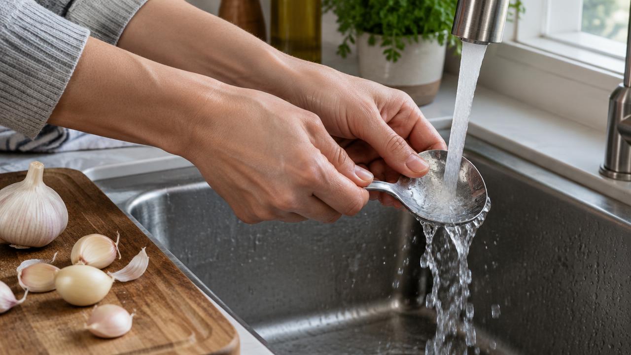 Mãos esfregando colher de inox sob água corrente com dentes de alho ao lado