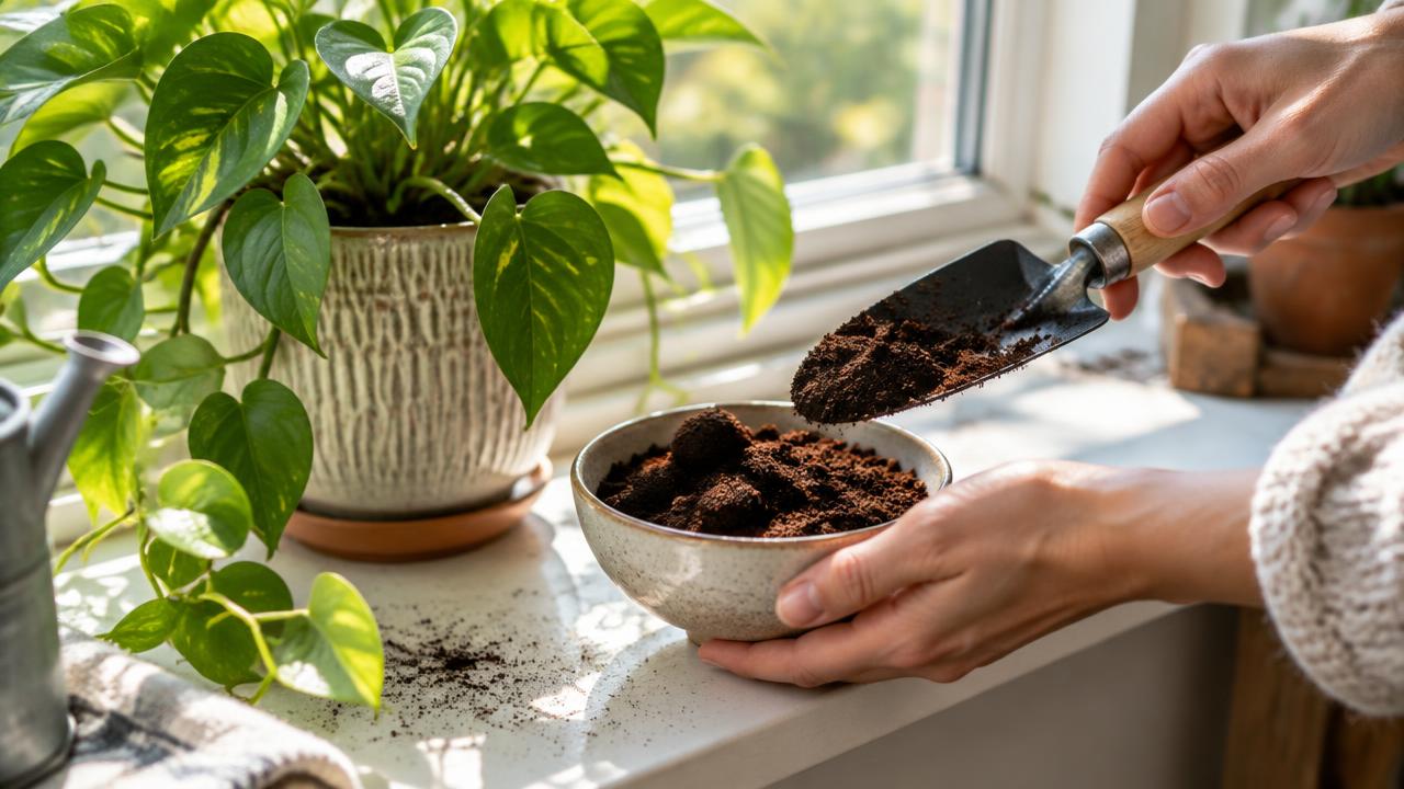 Tigela com borra de café ao lado de vaso com planta na janela