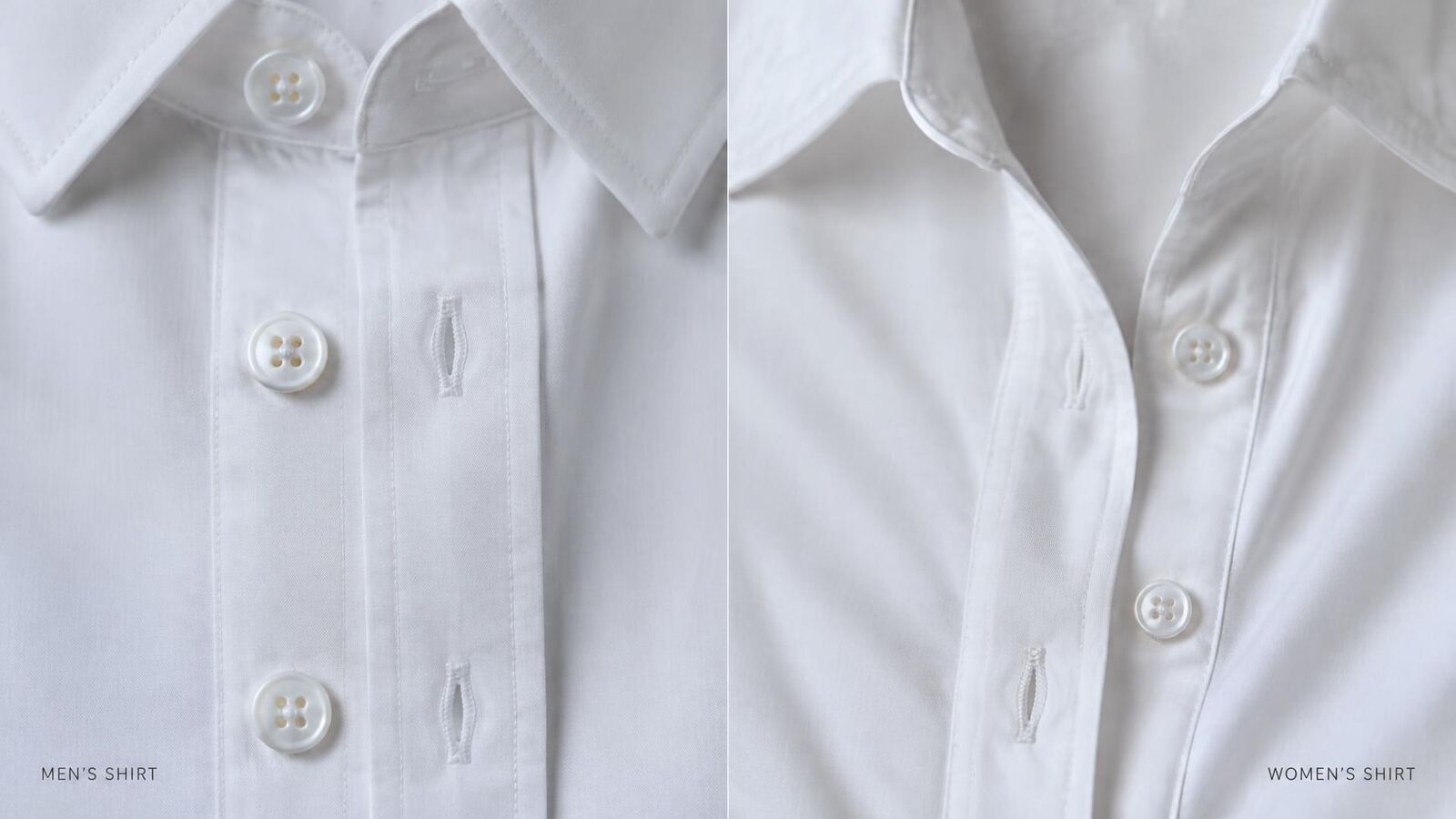 Detalhe de botões e casas em camisas brancas masculina e feminina