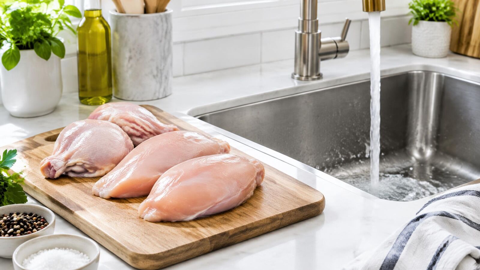Peitos de frango crus sobre tábua de madeira ao lado da pia com água correndo