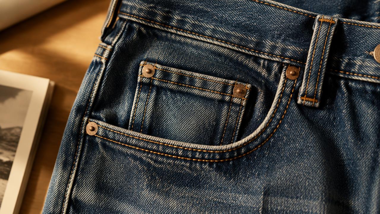 Detalhe do bolsinho de uma calça jeans com rebites de cobre
