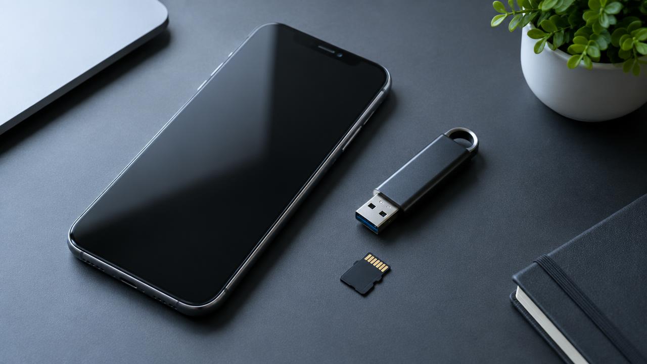 Celular, pendrive e cartão de memória sobre mesa escura