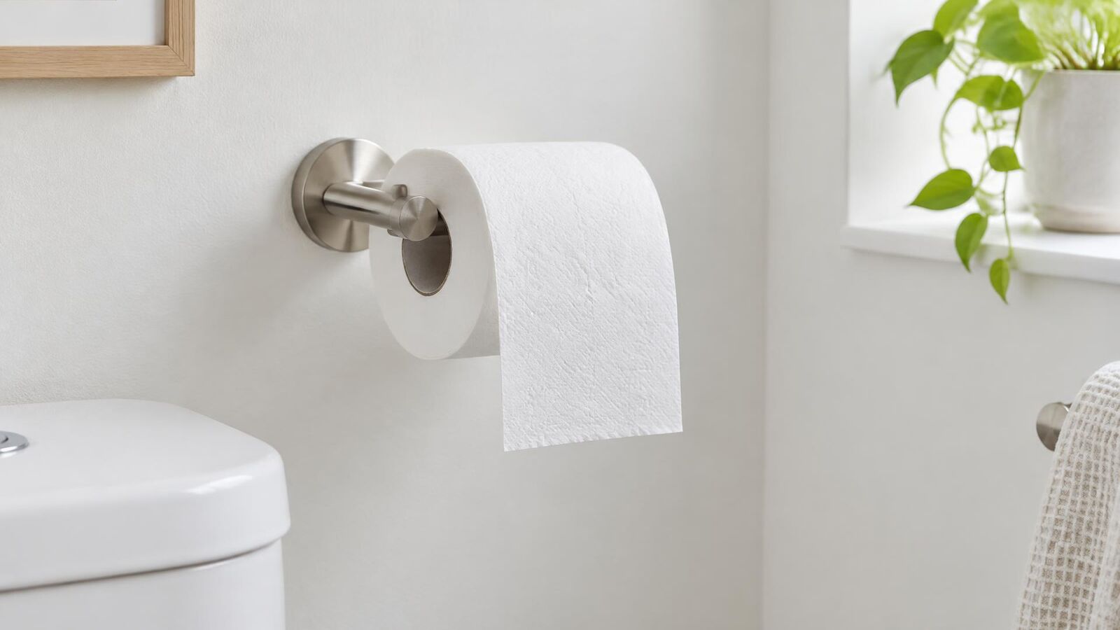 Rolo de papel higiênico em suporte de parede com a folha caindo pela frente