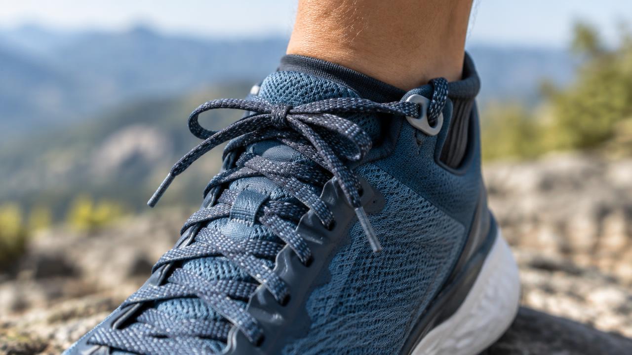 Tênis de corrida azul com cadarço amarrado usando o ilhós extra do topo